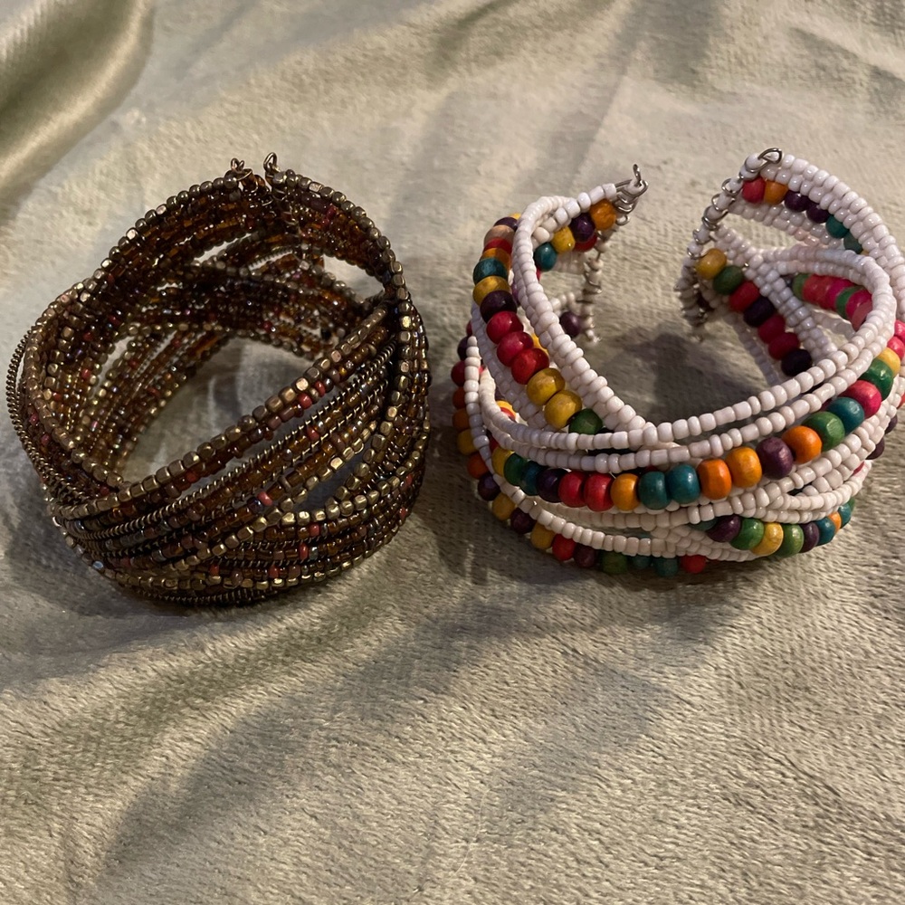 Set of 2 Boho Beaded Cuff Bracelets. Brown & Multi Colored Tones